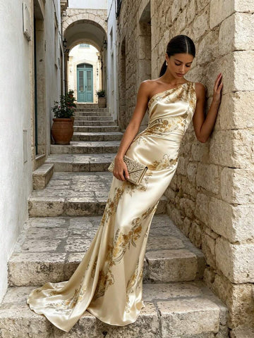 Full front view of champagne satin-look one-shoulder mermaid maxi gown with gold floral print and train on stone steps