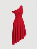 Elevate your summer wardrobe with this stunning open shoulder pleated cocktail dress. Featuring an asymmetrical neckline and ruched details, this midi dress combines elegance with modern flair. The high-waisted A-line silhouette flatters your figure while the slim fit ensures a polished look for dating, parties, and special occasions. Crafted from a comfortable knitted fabric blend of 94% polyester and 6% elastane, this dress offers medium stretch for ease of movement. 