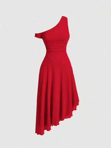Elevate your summer wardrobe with this stunning open shoulder pleated cocktail dress. Featuring an asymmetrical neckline and ruched details, this midi dress combines elegance with modern flair. The high-waisted A-line silhouette flatters your figure while the slim fit ensures a polished look for dating, parties, and special occasions. Crafted from a comfortable knitted fabric blend of 94% polyester and 6% elastane, this dress offers medium stretch for ease of movement. 