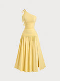 Step into summer with this playful pale yellow maxi dress featuring an asymmetrical neckline and a flirty side split. Its flowing silhouette keeps you cool and stylish, perfect for sunny days and warm evenings. Embrace effortless elegance with a touch of fun!