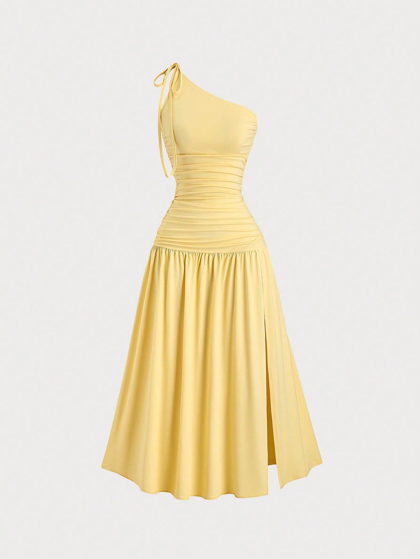 Step into summer with this playful pale yellow maxi dress featuring an asymmetrical neckline and a flirty side split. Its flowing silhouette keeps you cool and stylish, perfect for sunny days and warm evenings. Embrace effortless elegance with a touch of fun!