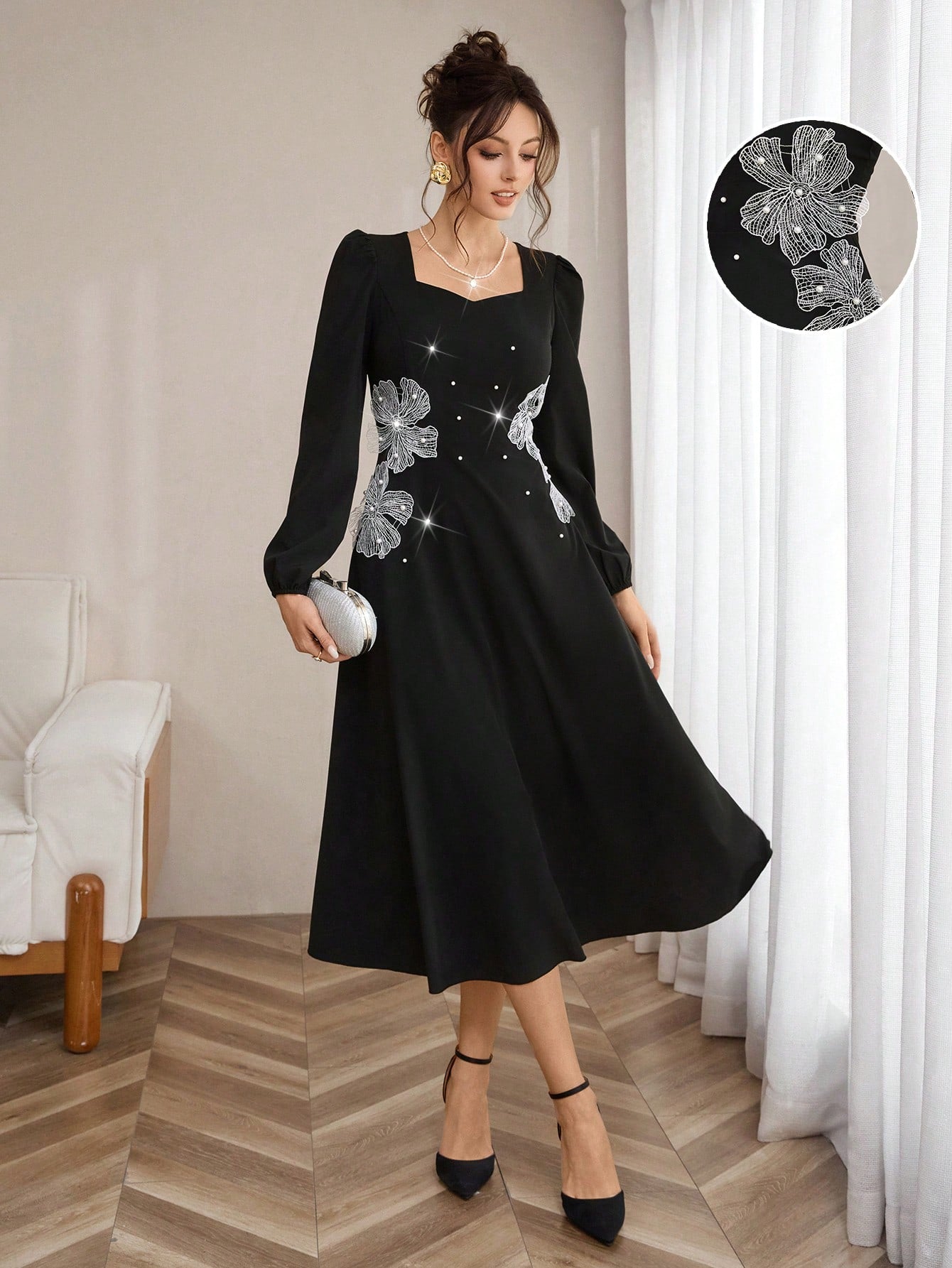 Elevate your everyday look with this charming short dress that's equal parts sophisticated and fun. The square neckline frames your face beautifully, while delicate pearl embellishments add a touch of glamour without trying too hard. Puff sleeves bring a playful, romantic vibe that works for brunch dates, casual outings, or whenever you want to feel effortlessly put-together. The relaxed fit ensures comfort all day long, making this dress your new go-to piece for looking polished with zero fuss.