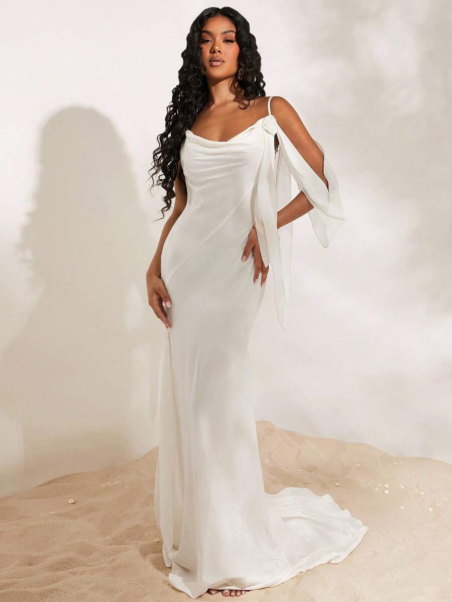White satin cowl neck maxi dress with spaghetti straps front view