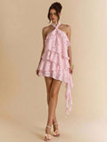 This Elegant Pink Floral Jacquard Halter Dress features a textured botanical weave and a cascading asymmetrical skirt to ensure you look breathtaking at any event. The sophisticated halter neckline and vibrant rosy tones offer a romantic look that is perfect for candlelit dinners, spring weddings, or upscale garden parties.
