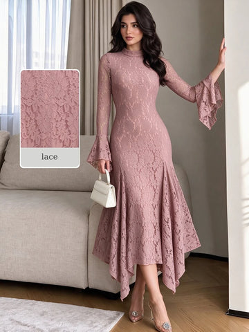 Model wearing a dusty-rose floral lace dress with high collar, flared cuffs and asymmetrical hem; lace texture inset.