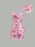Back view of pink spaghetti strap party dress for vacation evenings