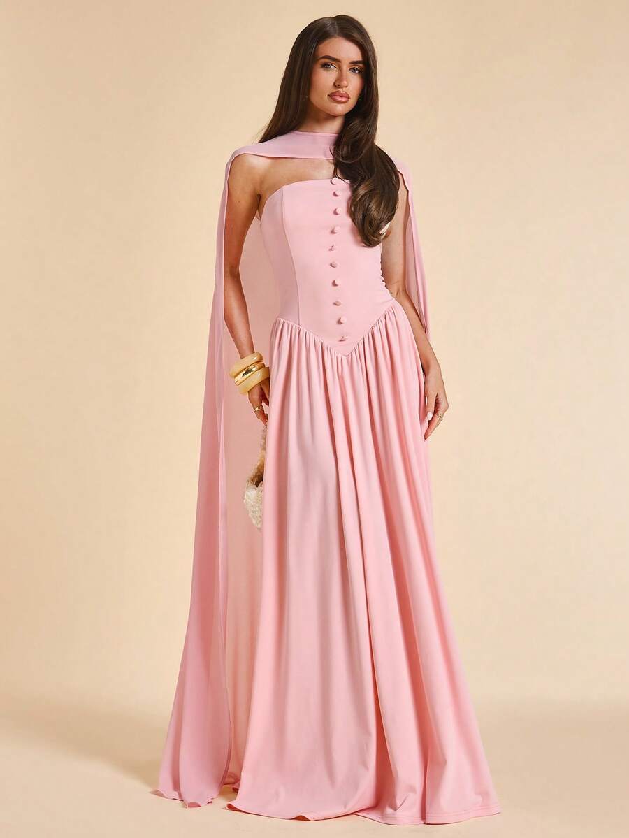Front view of Elegant Pink Strapless Button-Decor Dress for Spring/Summer - Perfect High-End Wedding Bridesmaid Gown for women styling