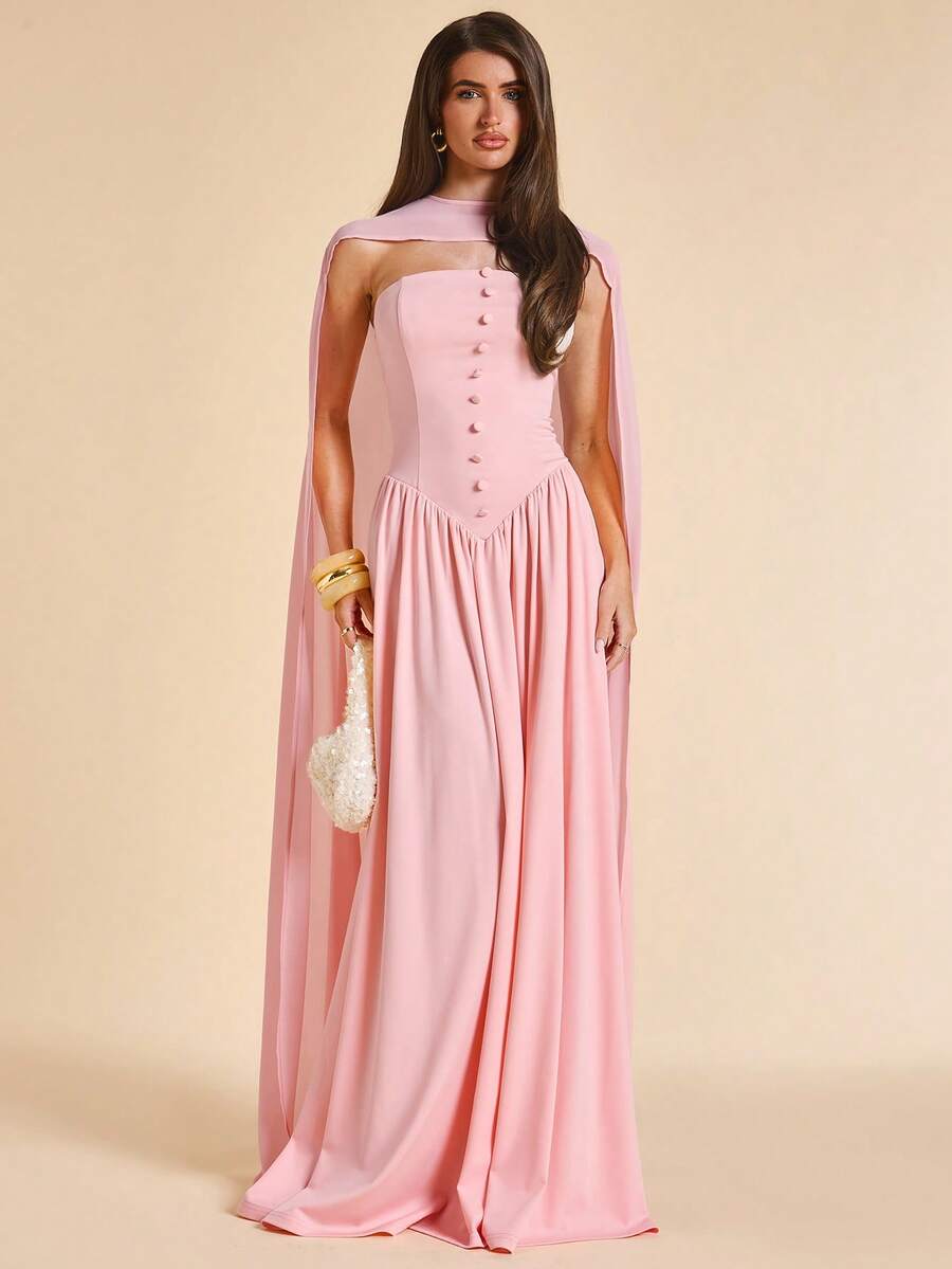 Front view of Elegant Pink Strapless Button-Decor Dress for Spring/Summer - Perfect High-End Wedding Bridesmaid Gown for women styling