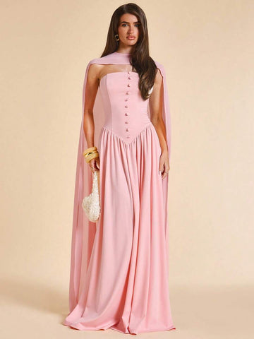 Front view of Elegant Pink Strapless Button-Decor Dress for Spring/Summer - Perfect High-End Wedding Bridesmaid Gown for women styling