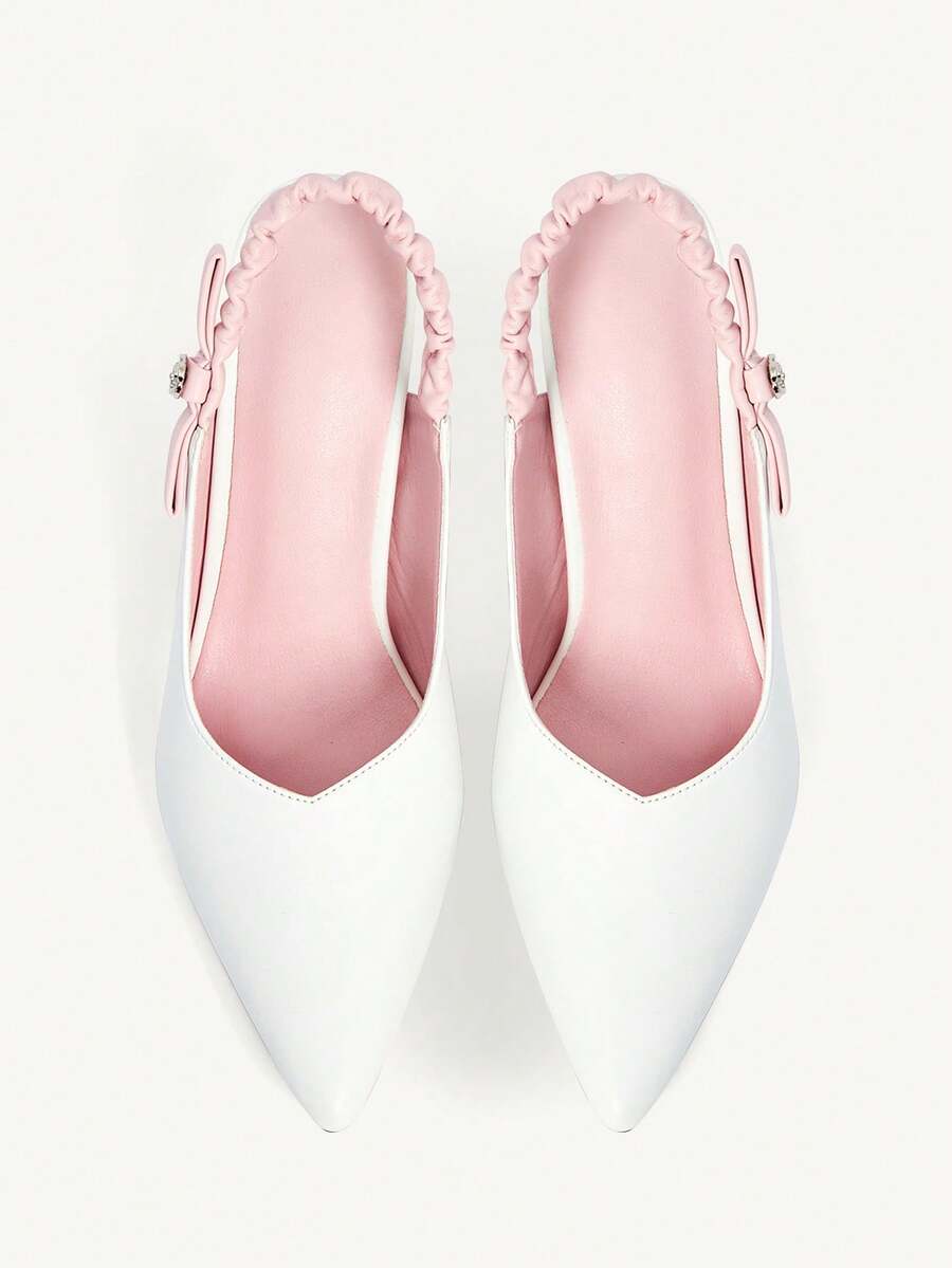 Step into sophistication with these elegant pink and white pointed stiletto heels, designed for the modern professional. Featuring a charming bow and delicate frill details, these slingback beauties combine timeless style with contemporary flair. Crafted from premium PU leather, the high stiletto heel elongates your silhouette while the pointed toe adds a touch of refinement. Perfect for office settings, spring outings, or special occasions, these versatile heels transition seamlessly from work to weekend. 