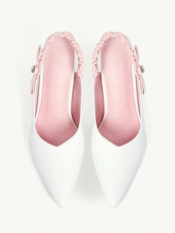 Step into sophistication with these elegant pink and white pointed stiletto heels, designed for the modern professional. Featuring a charming bow and delicate frill details, these slingback beauties combine timeless style with contemporary flair. Crafted from premium PU leather, the high stiletto heel elongates your silhouette while the pointed toe adds a touch of refinement. Perfect for office settings, spring outings, or special occasions, these versatile heels transition seamlessly from work to weekend. 