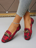 Experience comfort and style in these Elegant Plaid Print Flat Loafers. The metal chain detail adds a touch of sophistication, making them the perfect addition to your autumn casual wardrobe. With their classic design and durable construction, these loafers are ideal for all-day wear. Elevate your fashion game with these must-have shoes.