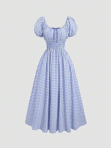 Step out in style with this playful plaid mini dress featuring charming puff sleeves and a flattering cinched waist. The tie front adds a flirty touch, making it perfect for sunny days or casual nights out. Lightweight and fun, it’s your go-to for effortless chic.