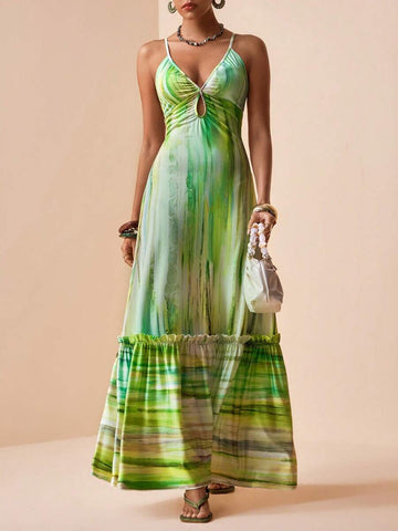 Elevate your party wardrobe with this stunning pleated maxi cami dress. Featuring delicate hollow-out detailing and a cinched waist that flatters your silhouette, this piece combines elegance with modern flair. The spaghetti straps and sleeveless design offer versatility for layering, while the semi-sheer knitted fabric with medium stretch ensures comfort throughout the night. Perfect for celebrations, vacations, and special occasions, this multicolor dress transitions effortlessly from day to evening. The 