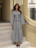 Elegant Pleated Waist Long Dress with Lapel Collar for Office & Brunch
