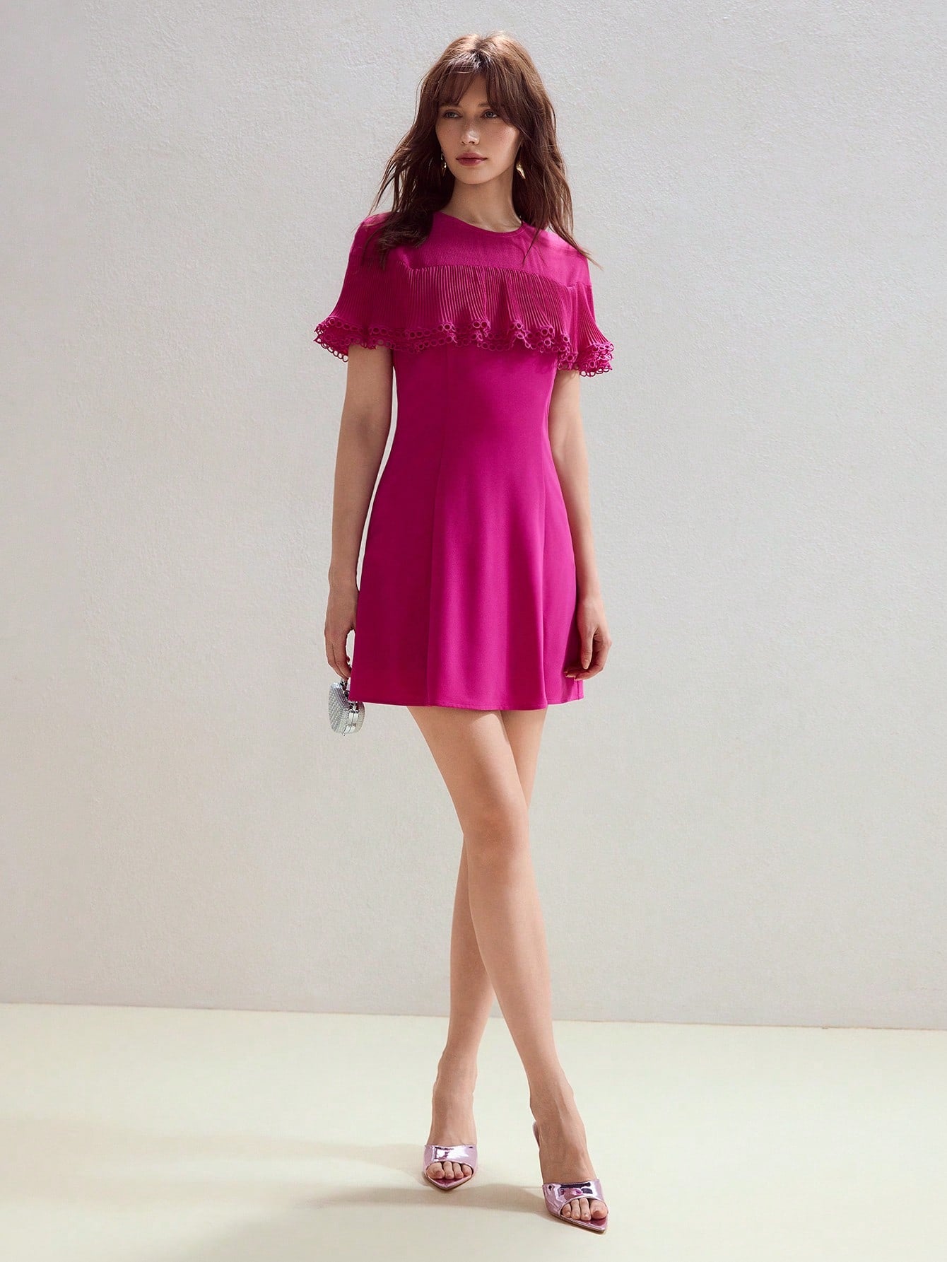 Step out in style with this Elegant Plisse Ruffle Trim Slim Fit Short Dress. Its delicate plisse fabric and playful ruffle trim add a flirty touch, while the slim fit silhouette flatters your figure effortlessly. Perfect for turning heads at any occasion, this dress combines charm and comfort in one chic package.