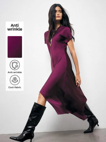 Elegant Plum Purple V Neck Maxi Dress with Dropped Shoulder Sleeves for Work and Summer