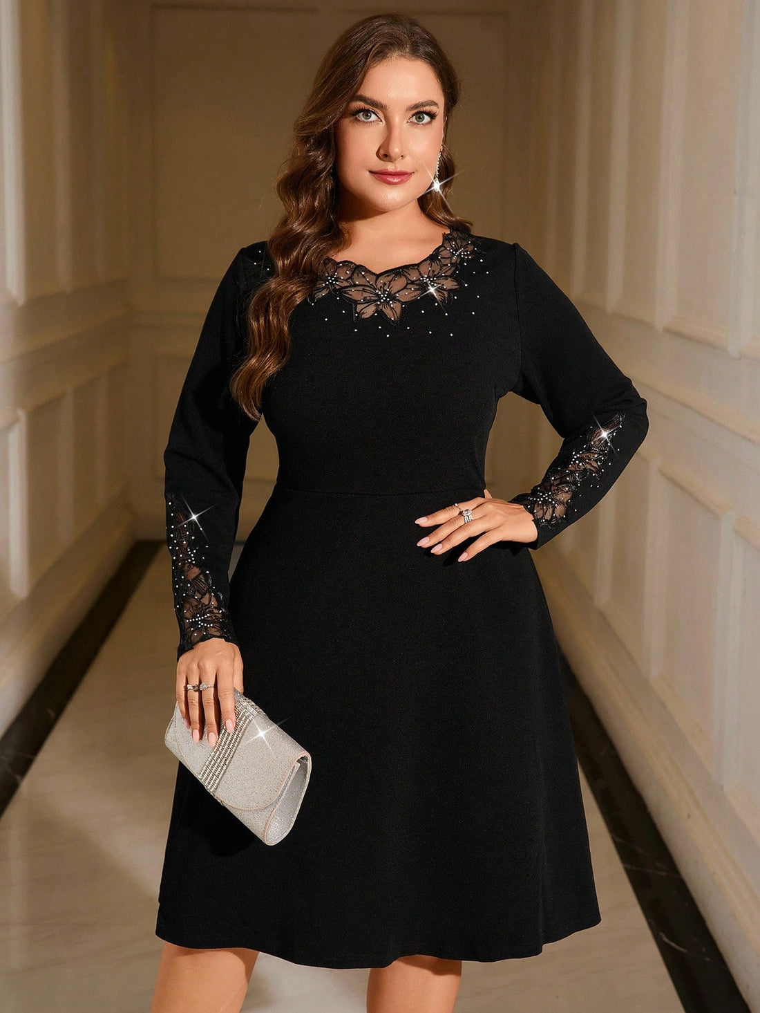 Step into the spotlight with this playful plus-size black lace dress, designed to flatter and dazzle at every fall party. Delicate patchwork lace adds a touch of romance, while sparkling rhinestone details catch the light just right. Perfect for twirling, mingling, and making unforgettable memories this season.