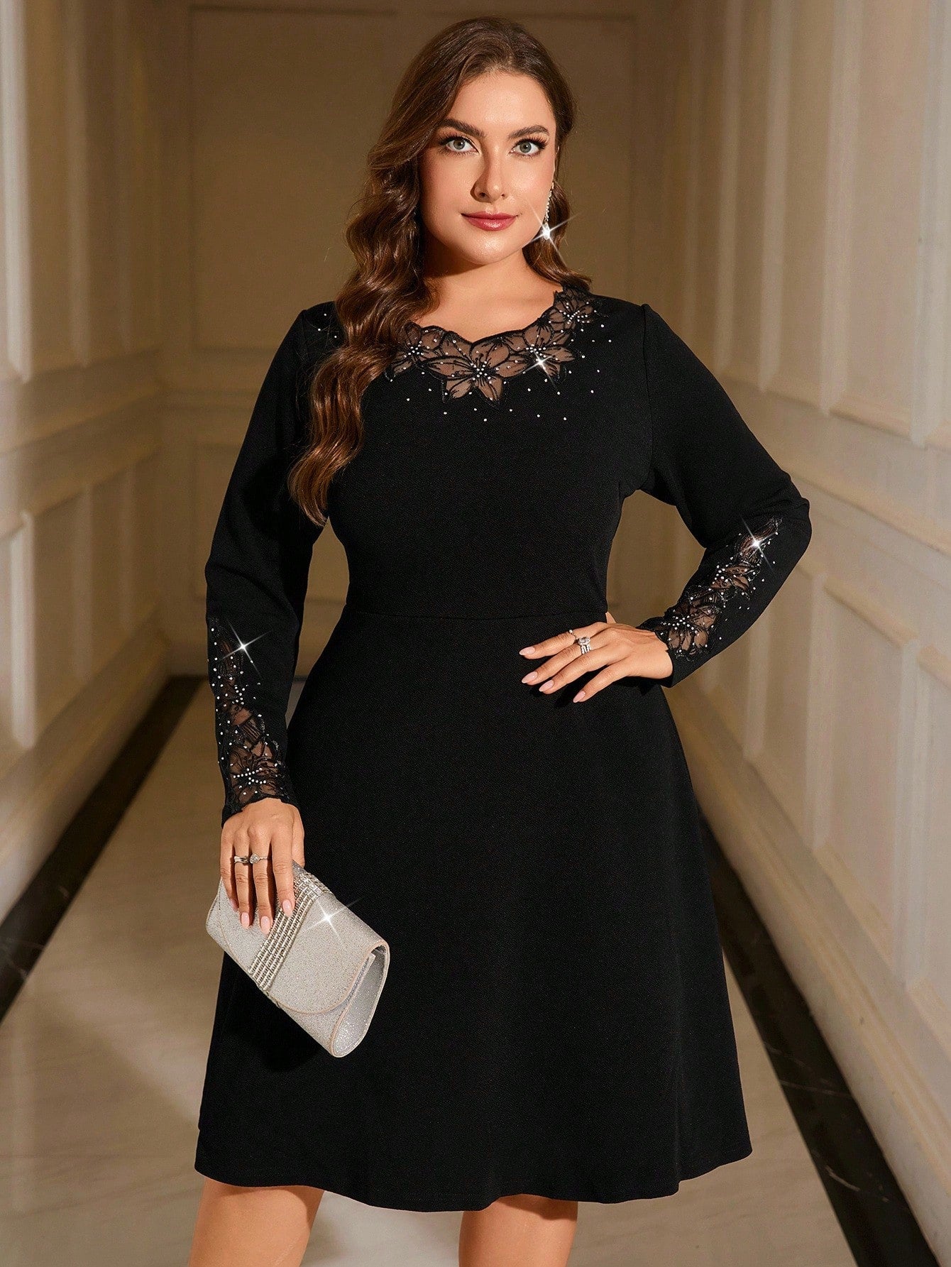 Step into the spotlight with this playful plus-size black lace dress, designed to flatter and dazzle at every fall party. Delicate patchwork lace adds a touch of romance, while sparkling rhinestone details catch the light just right. Perfect for twirling, mingling, and making unforgettable memories this season.