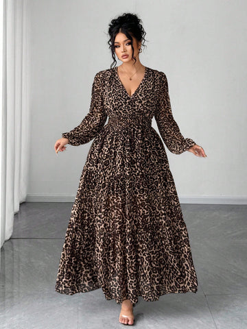 Step out in style with this playful plus-size chiffon dress featuring a chic leopard print. The flattering V-neck and long sleeves add a touch of elegance, making it perfect for dates and outings. Lightweight and flowy, it feels as good as it looks, helping you embrace your wild side with confidence and charm.