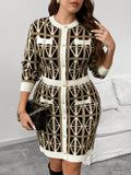 Step into cozy chic with this Elegant Plus-Size Geometric Pattern Sweater Dress, made for cooler days. Its eye-catching geometric design adds flair to your autumn and winter wardrobe, while the soft knit keeps you warm and comfy. Perfect for dressing up or lounging in style, this sweater dress brings fun and comfort together effortlessly.