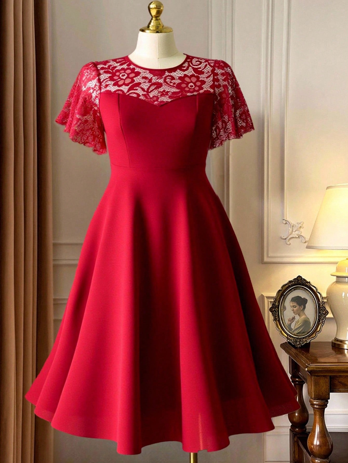 Step out in style with this Elegant Plus-Size Lace Patchwork Flared Dress. Featuring delicate lace patchwork, short sleeves, and a flattering round neck, it combines comfort with a flirty flair. The flared silhouette adds a playful bounce to your look, perfect for any occasion where you want to feel confident and charming.