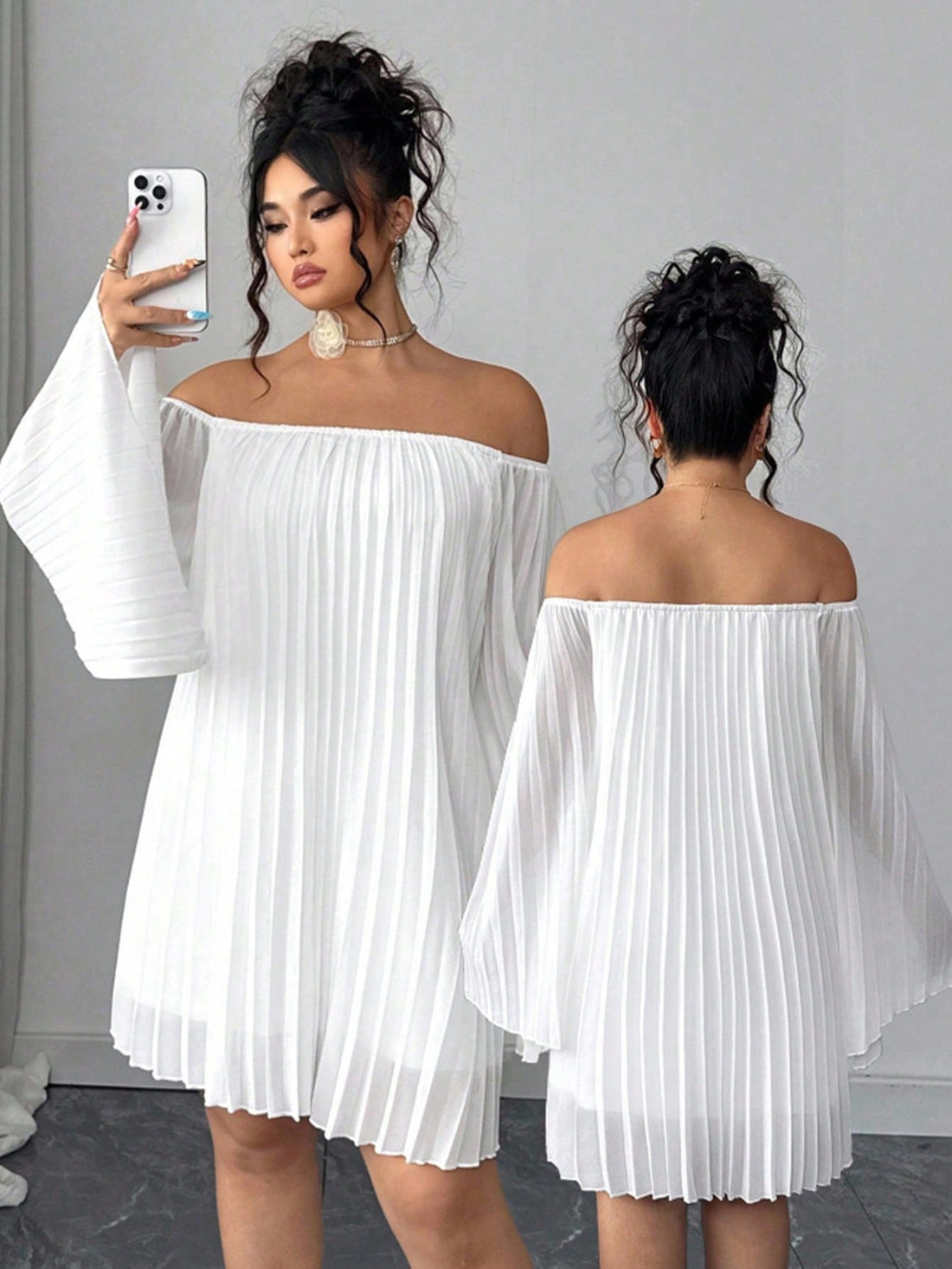 Step out in style with this Elegant Plus-Size Off-Shoulder Pleated Dress, perfect for casual days and vacation vibes. Its flattering off-shoulder design and flowing pleats add a fun, flirty touch while keeping you comfortable all day long. Whether you're strolling the beach or enjoying a sunny brunch, this dress brings effortless charm to your wardrobe.