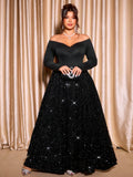 Slip into pure glamour with this stunning plus-size sequin maxi dress that's ready to steal the spotlight! The off-shoulder neckline creates an effortlessly chic silhouette, while strategic ruching flatters your curves beautifully. Shimmering sequins catch the light with every move, making you the star of any event—from cocktail parties to formal galas. The flowing maxi length adds an elegant touch that works year-round. Whether you're celebrating a special occasion or just feeling fabulous, this dress deli