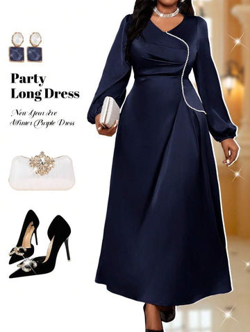 Slip into sophistication with this stunning purple satin dress that's ready to turn heads at any autumn or winter gathering. The luxurious woven satin fabric drapes beautifully while the flattering V-neckline adds an elegant touch. Designed with plus-size curves in mind, this dress celebrates your style with confidence and comfort. Perfect for holiday parties, special dinners, or whenever you want to feel absolutely fabulous. Make a statement in rich, jewel-toned purple that works beautifully against any sk