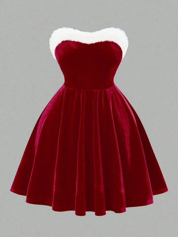 Front view of deep red strapless fit-and-flare party dress with white faux-fur trim