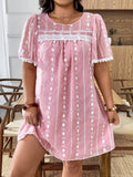 Twirl into the spotlight with this charming plus-size mini dress that celebrates your curves with style! Featuring delicate embroidered details and a flirty frilly trim, this short-sleeve beauty strikes the perfect balance between sophisticated and fun. The flattering cut ensures you'll feel confident and fabulous whether you're heading to brunch, a night out, or any occasion that calls for effortless elegance. Comfort meets fashion in this must-have piece that proves you can absolutely slay in something th