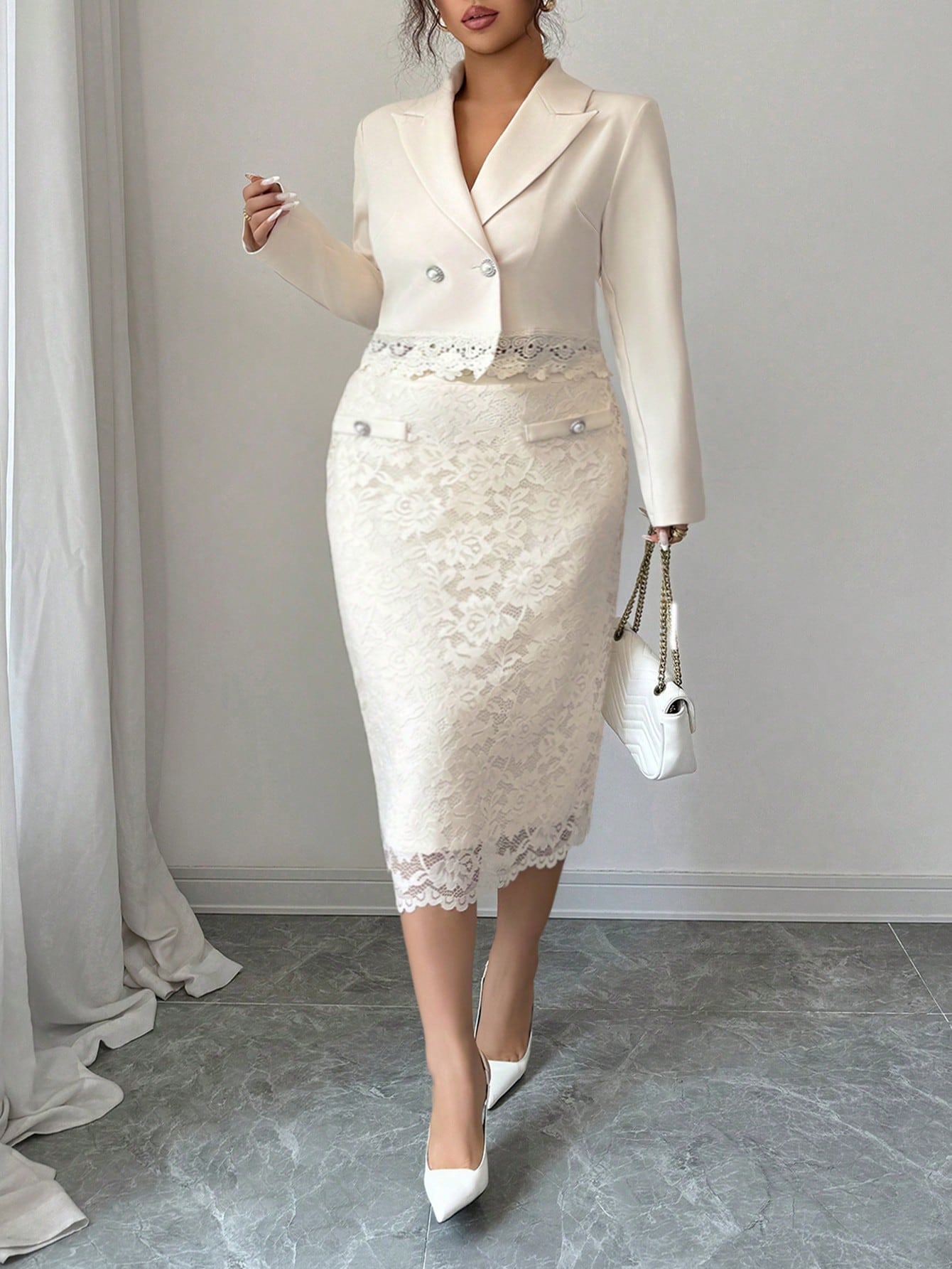 Step into sophistication with this stunning two-piece set that proves elegance has no size limit! The apricot blazer features charming lace button details that add a touch of whimsy, while the coordinating midi skirt creates a polished silhouette perfect for brunch dates, office events, or whenever you want to feel fabulous. The warm apricot tone flatters beautifully and pairs effortlessly with your favorite accessories. Comfortable, chic, and unapologetically you—this set is your new go-to for making an un