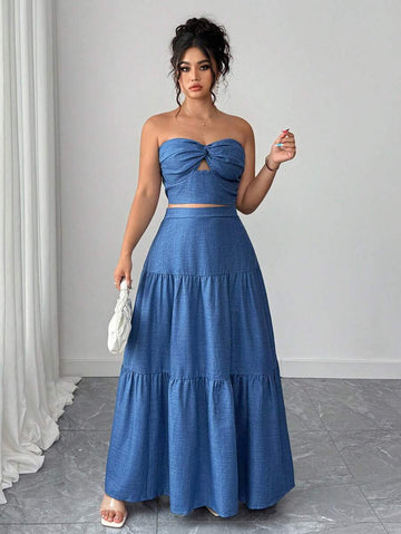 Escape to paradise in this stunning two-piece set that's equal parts chic and comfortable! The twist bandeau top features a flattering silhouette that celebrates your curves, while the flowing pleated maxi skirt moves beautifully with every step. Crafted in a gorgeous blue hue perfect for sun-soaked getaways, this set transitions effortlessly from beachside brunch to sunset strolls. Whether you're lounging poolside or exploring tropical destinations, you'll feel confident, elegant, and absolutely fabulous. 