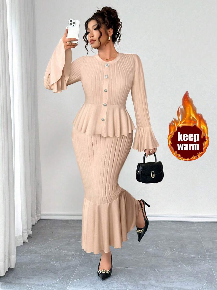 Elevate your winter wardrobe with this fabulous 2-piece knit set that's all about making a statement! The flared sleeves add a touch of drama and movement, while the mermaid hem creates a gorgeous silhouette that flatters every curve. Crafted from cozy knit fabric, this set keeps you warm without sacrificing style. Perfect for holiday gatherings, date nights, or whenever you want to feel absolutely stunning. Embrace your elegance and own the room in this show-stopping ensemble!