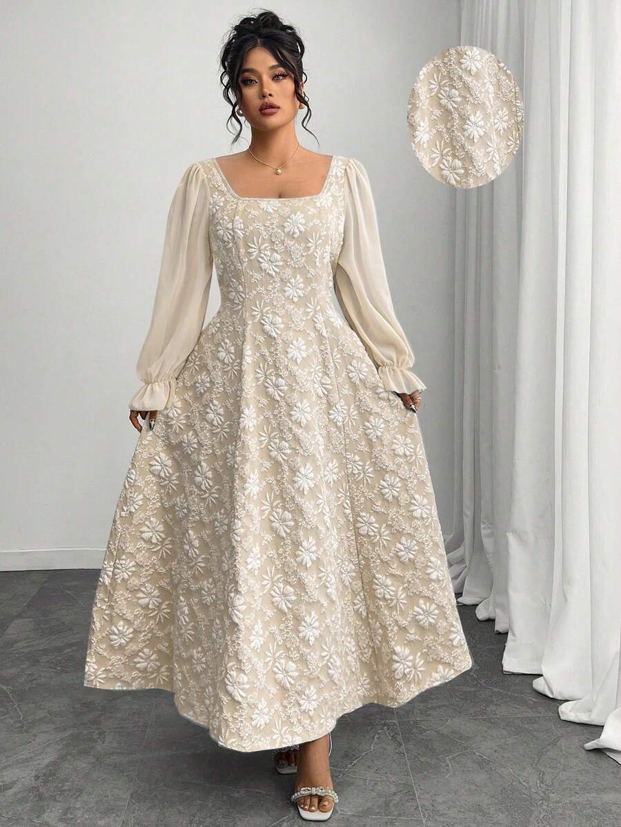 Embrace your curves in this stunning plus-size A-line chiffon dress that's ready to turn heads! Featuring elegant long sleeves and intricate Jacquard detailing, this early autumn essential combines comfort with sophisticated style. The flowing chiffon fabric drapes beautifully, creating a flattering silhouette that celebrates your figure. Perfect for seasonal transitions, this dress effortlessly takes you from casual gatherings to special occasions with timeless grace and modern flair.