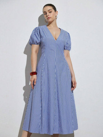 Step out in style with this Elegant Plus Size A-Line Dress, designed to turn heads during your daily commute. Featuring a flattering deep V-neck and charming puff sleeves, it combines comfort with a playful touch. The flowing A-line silhouette moves gracefully with you, making every journey feel effortlessly chic. Perfect for those who want to blend fashion and function with a wink of fun!