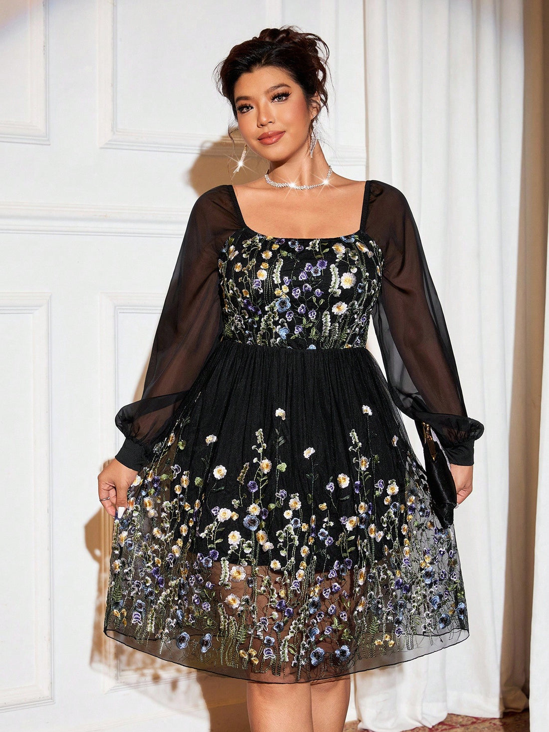 Make a statement at your next celebration in this stunning plus-size A-line dress! Delicate floral embroidery adorns the bodice, while charming lantern sleeves add a whimsical touch that flatters beautifully. The flowing A-line silhouette skims gracefully over curves, creating an effortlessly elegant look that feels both comfortable and confident. Perfect for parties, weddings, or any special occasion where you want to shine. Dress up with heels or keep it casual—this versatile piece adapts to your style!