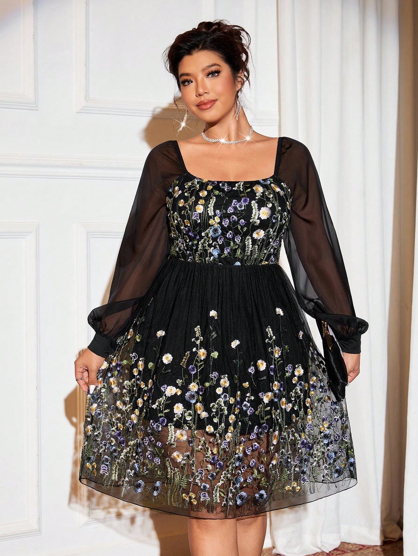 Make a statement at your next celebration in this stunning plus-size A-line dress! Delicate floral embroidery adorns the bodice, while charming lantern sleeves add a whimsical touch that flatters beautifully. The flowing A-line silhouette skims gracefully over curves, creating an effortlessly elegant look that feels both comfortable and confident. Perfect for parties, weddings, or any special occasion where you want to shine. Dress up with heels or keep it casual—this versatile piece adapts to your style!