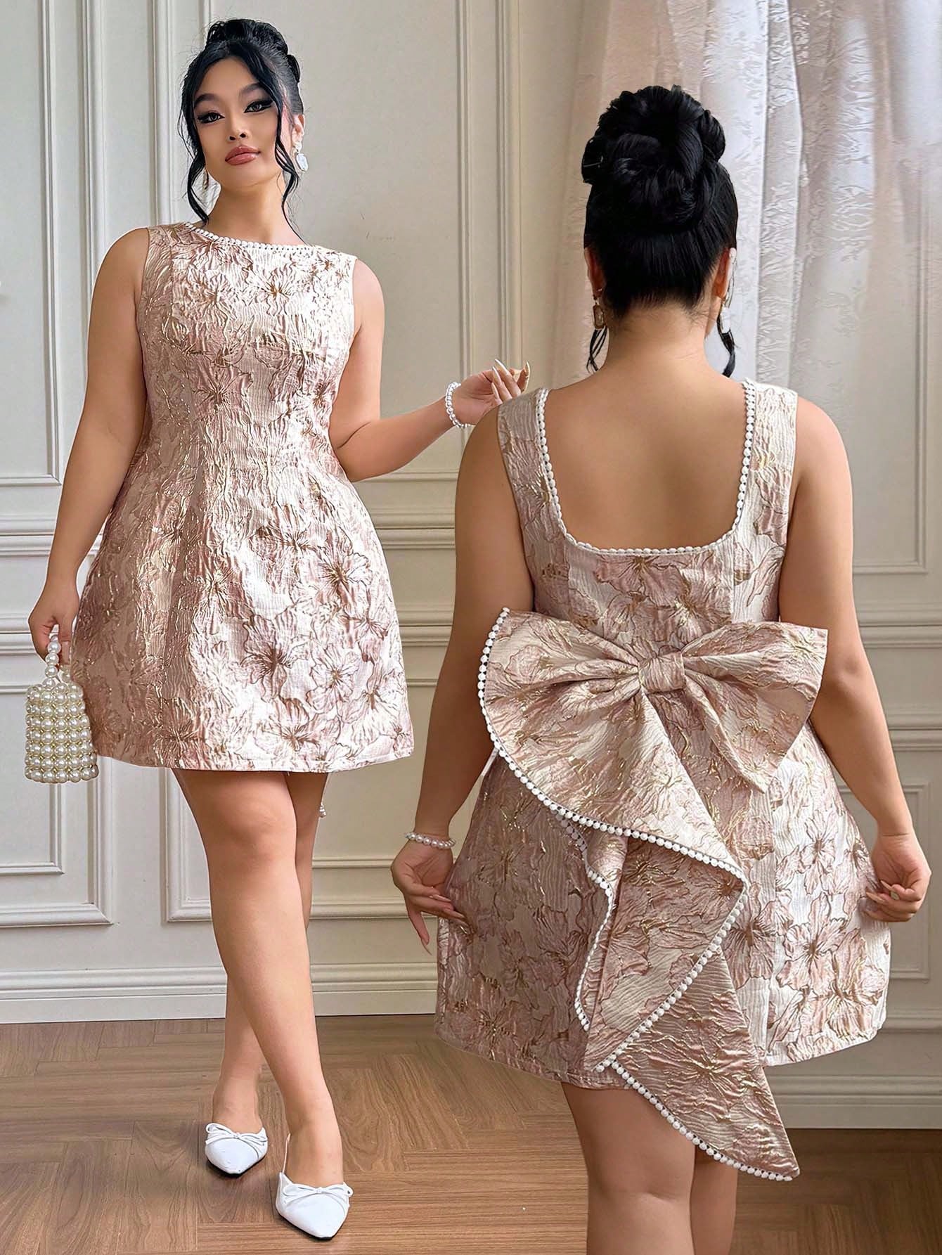 Make a statement at your next celebration in this stunning plus-size A-line party dress! Designed with a charming bowknot detail and playful ruffles, this dress flatters your curves while keeping you feeling fabulous. The classic A-line silhouette skims beautifully over the body, while the eye-catching embellishments add just the right touch of personality and flair. Perfect for weddings, cocktail parties, or any special occasion where you want to shine. Slip into elegance and celebrate in style!