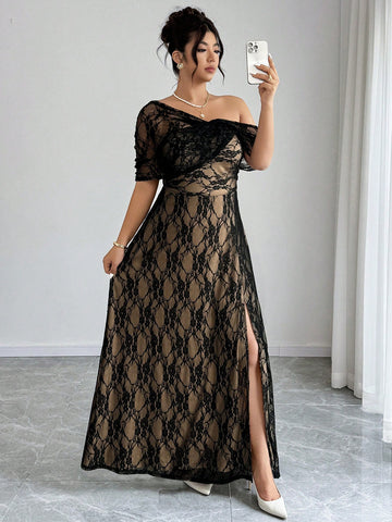 Celebrate in style with this stunning plus-size A-line dress that's equal parts sophisticated and show-stopping. The asymmetric high slit adds a flirty edge while delicate lace details bring timeless elegance to every angle. Designed to flatter and move beautifully, this dress transforms you into the best-dressed guest at any wedding or special occasion. Perfect for those who refuse to compromise on glamour or comfort.
