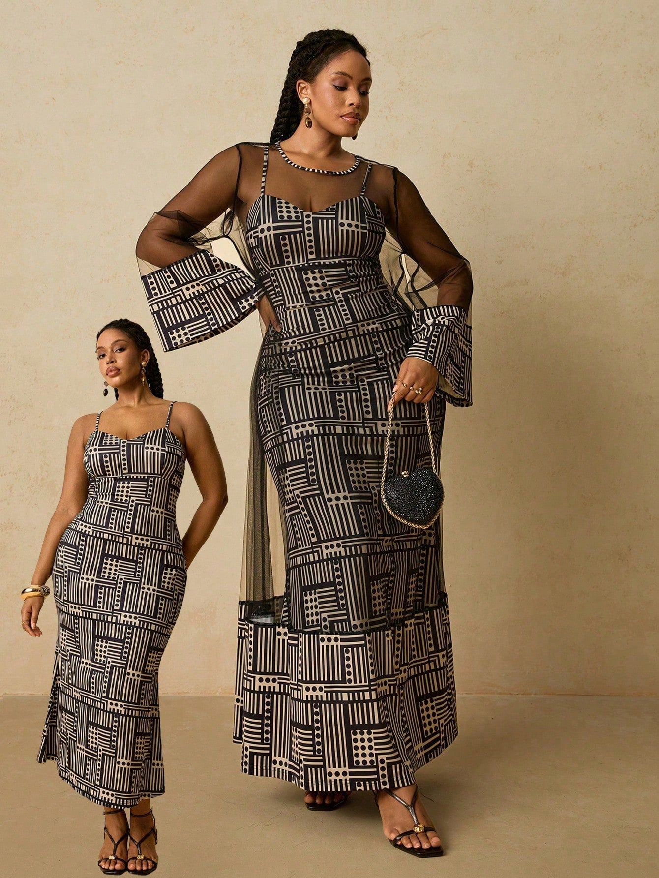 Make a statement in this stunning plus-size camisole dress featuring bold African geometric patterns that celebrate cultural artistry. The sleek cami silhouette pairs beautifully with the included mesh shawl, offering versatile styling for any occasion. Whether you're heading to a party, special event, or night out, this elegant ensemble delivers confidence and flair. The flowing design flatters your figure while the intricate patterns add visual interest and personality. Dress it up with heels and jewelry,