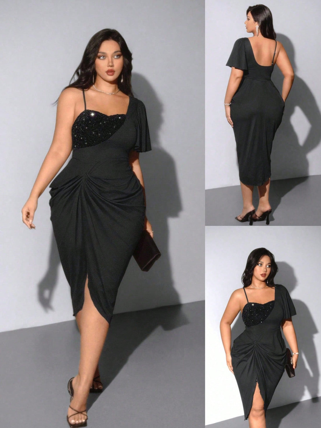 Step out in style with this Elegant Plus Size Asymmetric Collar Dress, designed to flatter your curves while adding a touch of sparkle. The unique asymmetric collar and shimmering rhinestone details create a playful yet sophisticated look perfect for any occasion. Comfortable and chic, this dress lets you shine with confidence wherever you go.