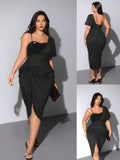 Step out in style with this Elegant Plus Size Asymmetric Collar Dress, designed to flatter your curves while adding a touch of sparkle. The unique asymmetric collar and shimmering rhinestone details create a playful yet sophisticated look perfect for any occasion. Comfortable and chic, this dress lets you shine with confidence wherever you go.