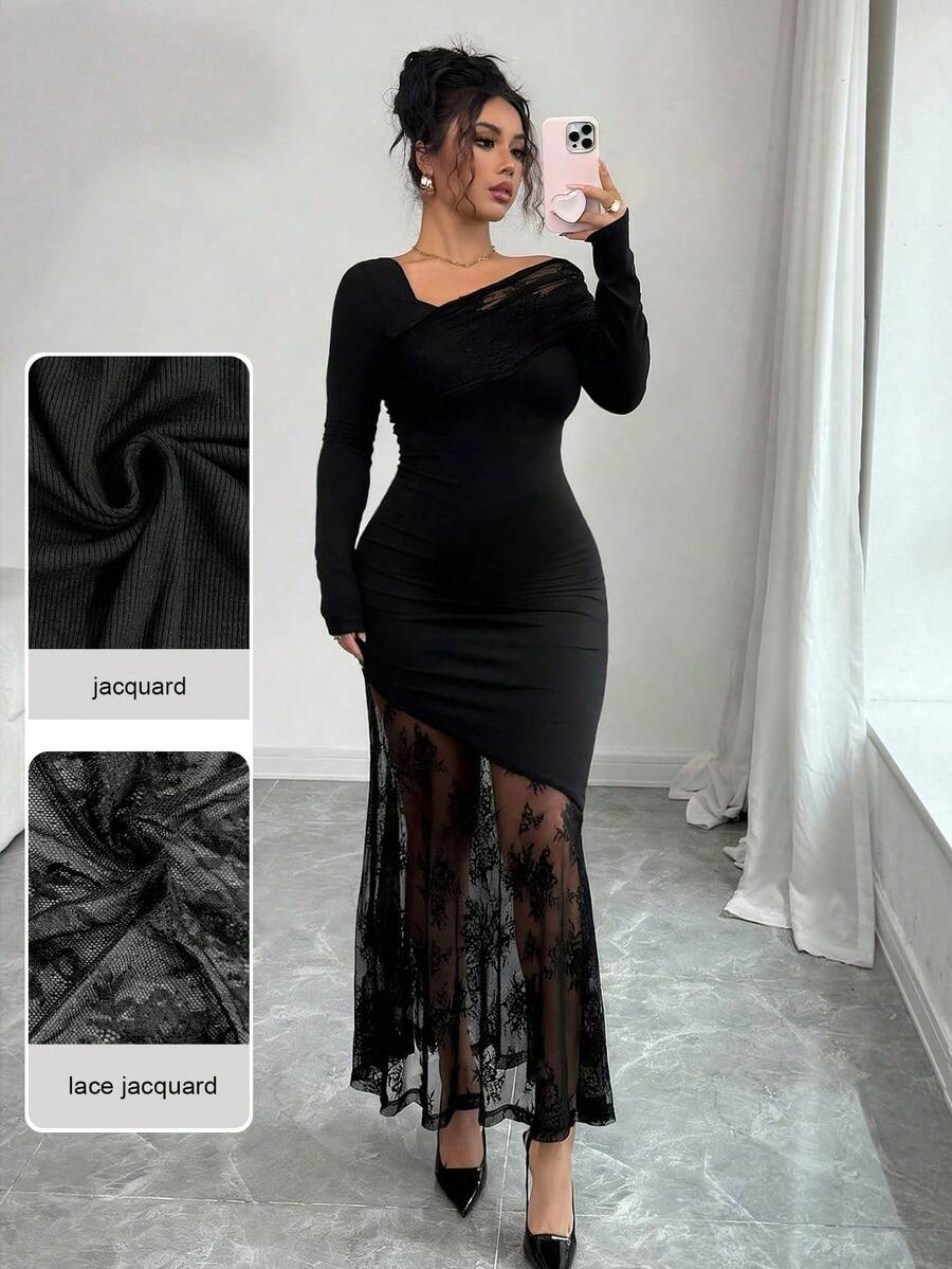 Elevate your wardrobe with this sophisticated plus-size dress designed for those who appreciate refined style. The asymmetrical cut creates a flattering silhouette while the textured lace adds depth and visual interest. Rich black fabric works seamlessly from evening events to upscale dinners, offering versatility without compromising on elegance. The thoughtful design celebrates curves with confidence, making it an essential piece for any occasion-ready closet.