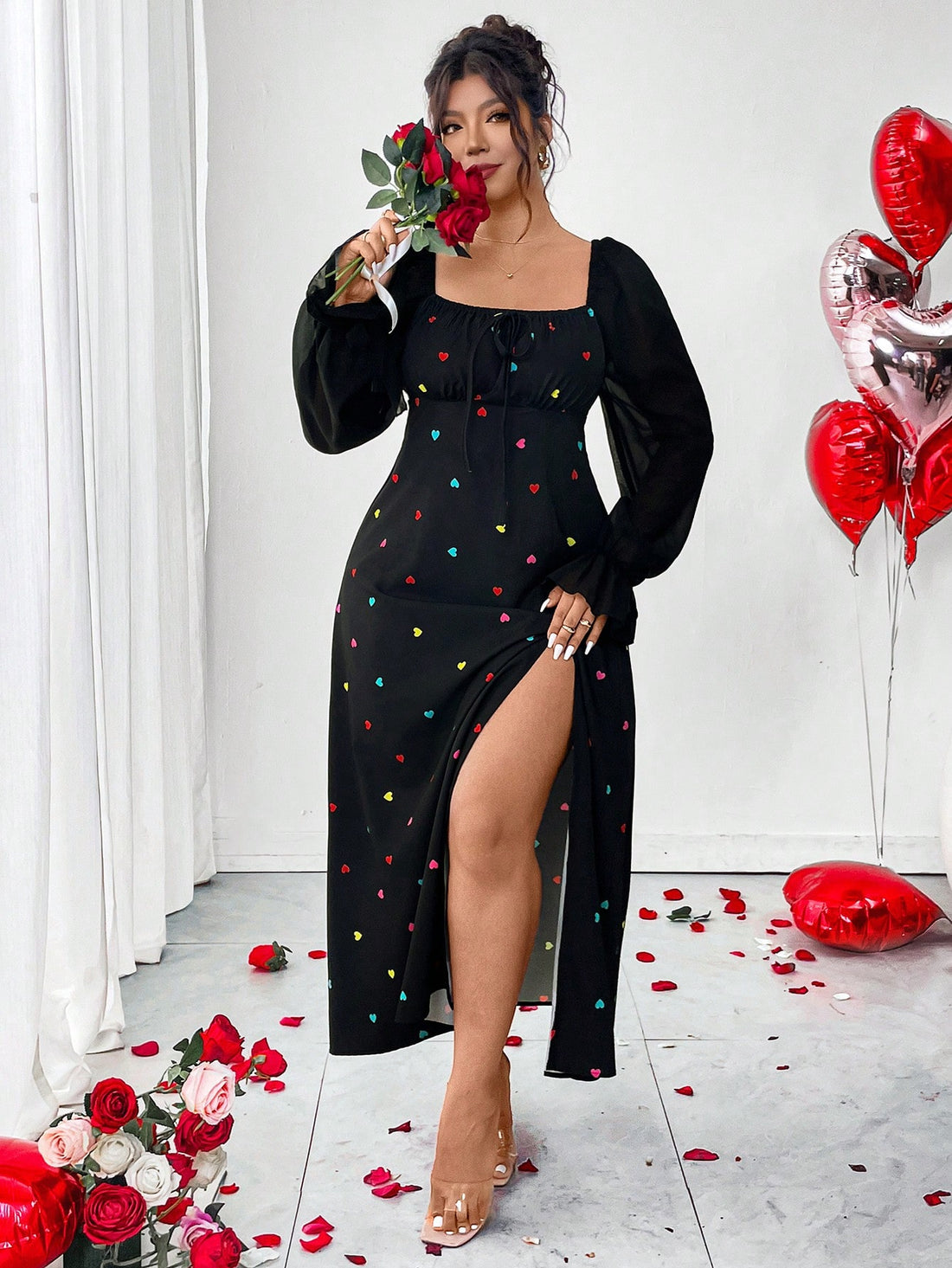 Slip into sophistication with this stunning black chiffon maxi dress—your new go-to for turning heads at winter gatherings and Valentine's celebrations. The flattering square neckline frames your shoulders beautifully, while the daring high slit adds just the right amount of flirtation to your stride. Crafted in luxurious chiffon that drapes like a dream, this plus-size beauty combines elegance with comfort, making you feel absolutely fabulous from the moment you put it on. Perfect for date nights, parties,