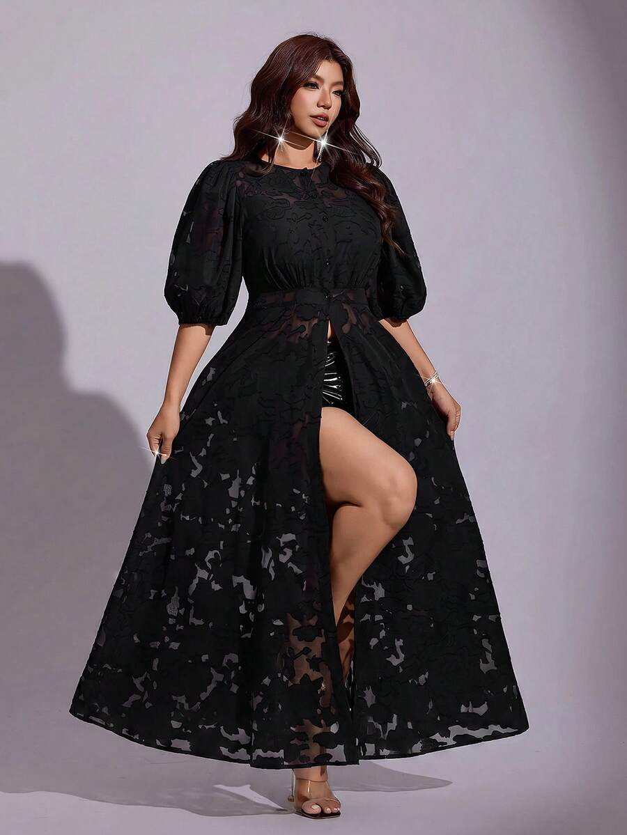 Plus-size black sheer floral devoré maxi dress with puff sleeves and front slit