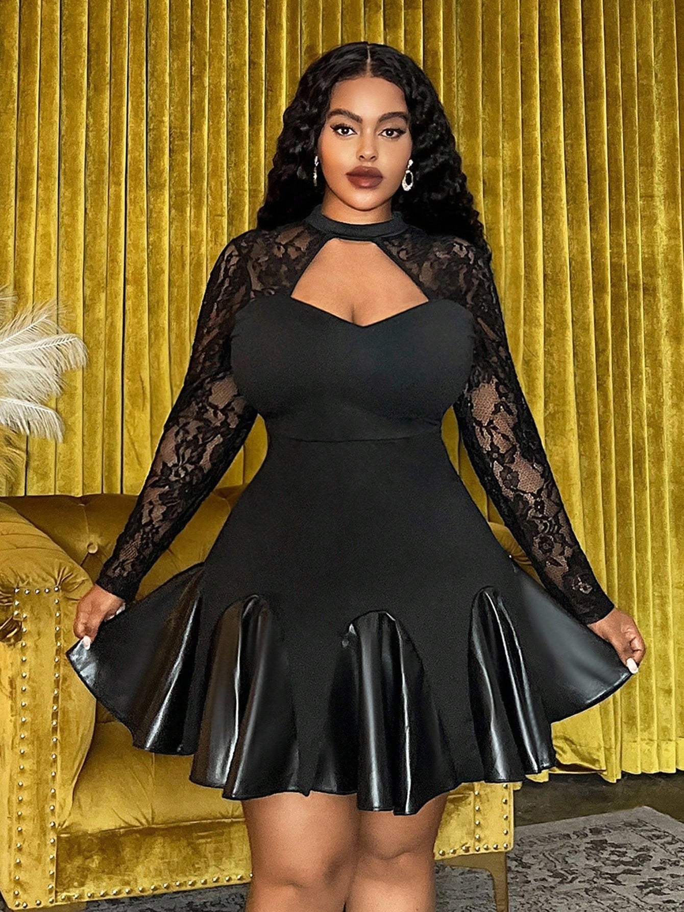 Turn heads effortlessly in this Elegant Plus Size Black Lace Evening Dress. Its delicate lace fabric and flirty asymmetric ruffle hem bring a playful twist to classic sophistication, making it perfect for parties and gatherings. Flattering and fun, this dress lets you celebrate your curves while dancing the night away in style.