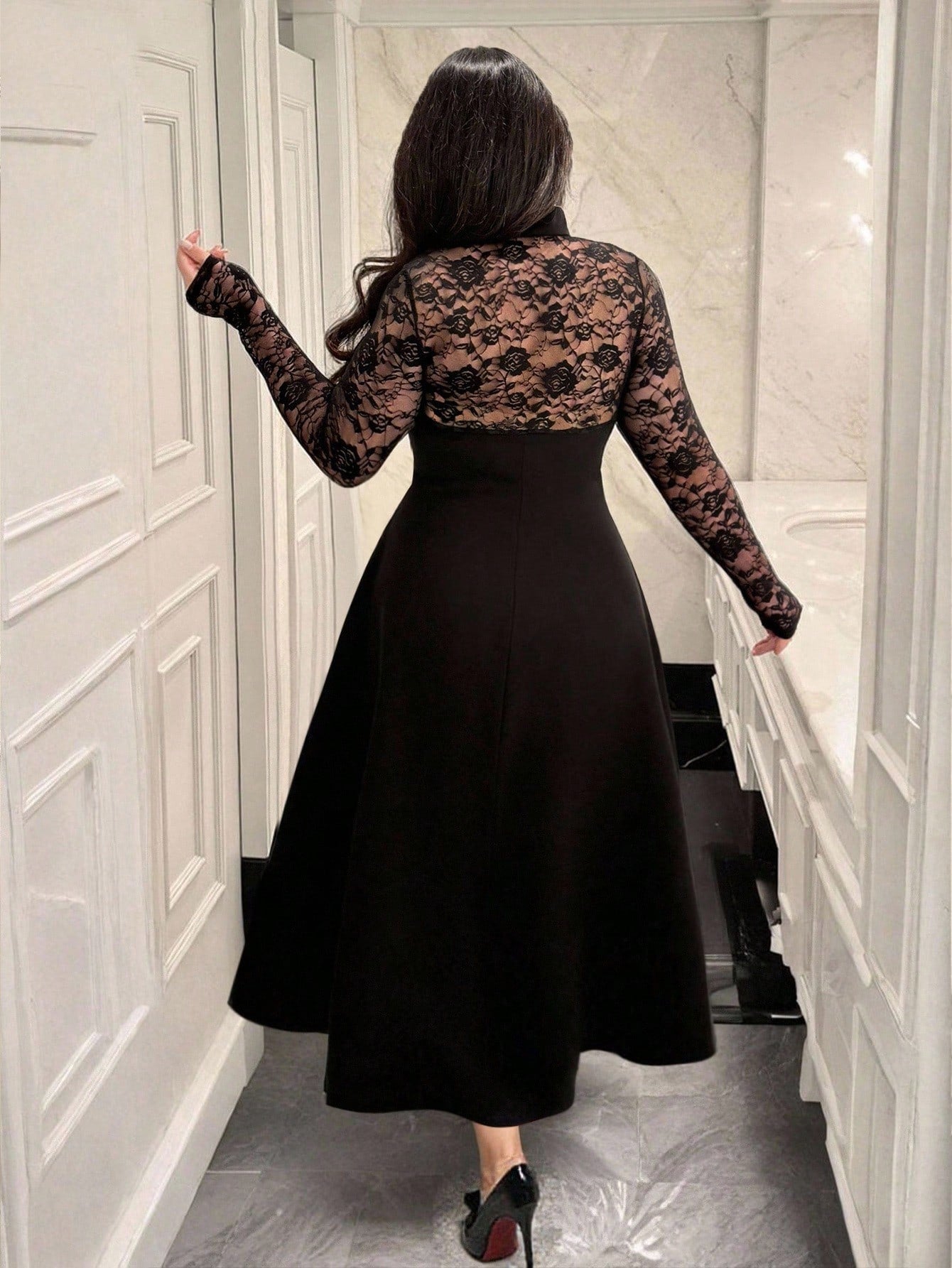 Slip into sophistication with this stunning black lace midi dress that's as fun as it is fabulous. The flattering V-neckline and graceful long sleeves create an effortlessly chic silhouette, while the delicate lace detailing adds just the right amount of elegance. Perfect for vacation getaways, evening soirées, or whenever you want to feel absolutely gorgeous. Designed for the modern woman who refuses to compromise on style or comfort, this plus-size beauty celebrates your curves with confidence and flair.