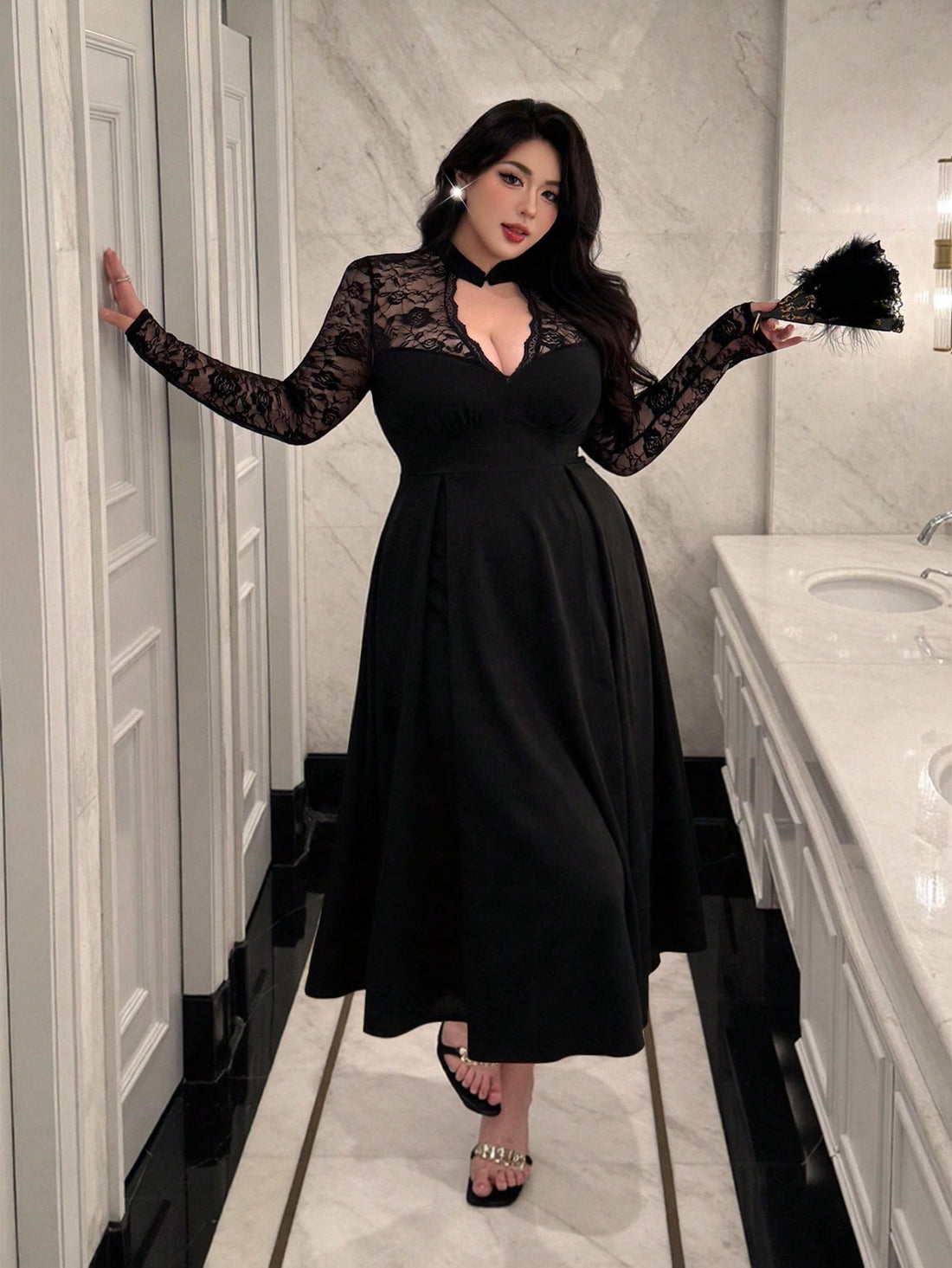 Slip into sophistication with this stunning black lace midi dress that's as fun as it is fabulous. The flattering V-neckline and graceful long sleeves create an effortlessly chic silhouette, while the delicate lace detailing adds just the right amount of elegance. Perfect for vacation getaways, evening soirées, or whenever you want to feel absolutely gorgeous. Designed for the modern woman who refuses to compromise on style or comfort, this plus-size beauty celebrates your curves with confidence and flair.
