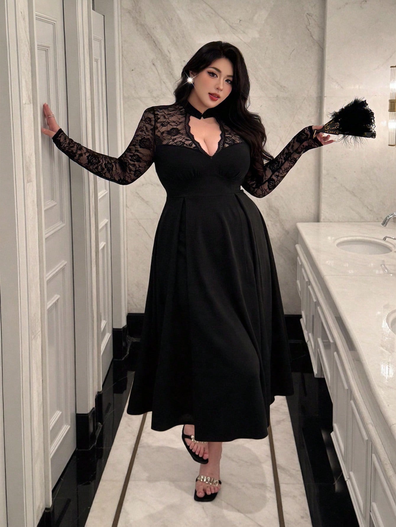 Slip into sophistication with this stunning black lace midi dress that's as fun as it is fabulous. The flattering V-neckline and graceful long sleeves create an effortlessly chic silhouette, while the delicate lace detailing adds just the right amount of elegance. Perfect for vacation getaways, evening soirées, or whenever you want to feel absolutely gorgeous. Designed for the modern woman who refuses to compromise on style or comfort, this plus-size beauty celebrates your curves with confidence and flair.
